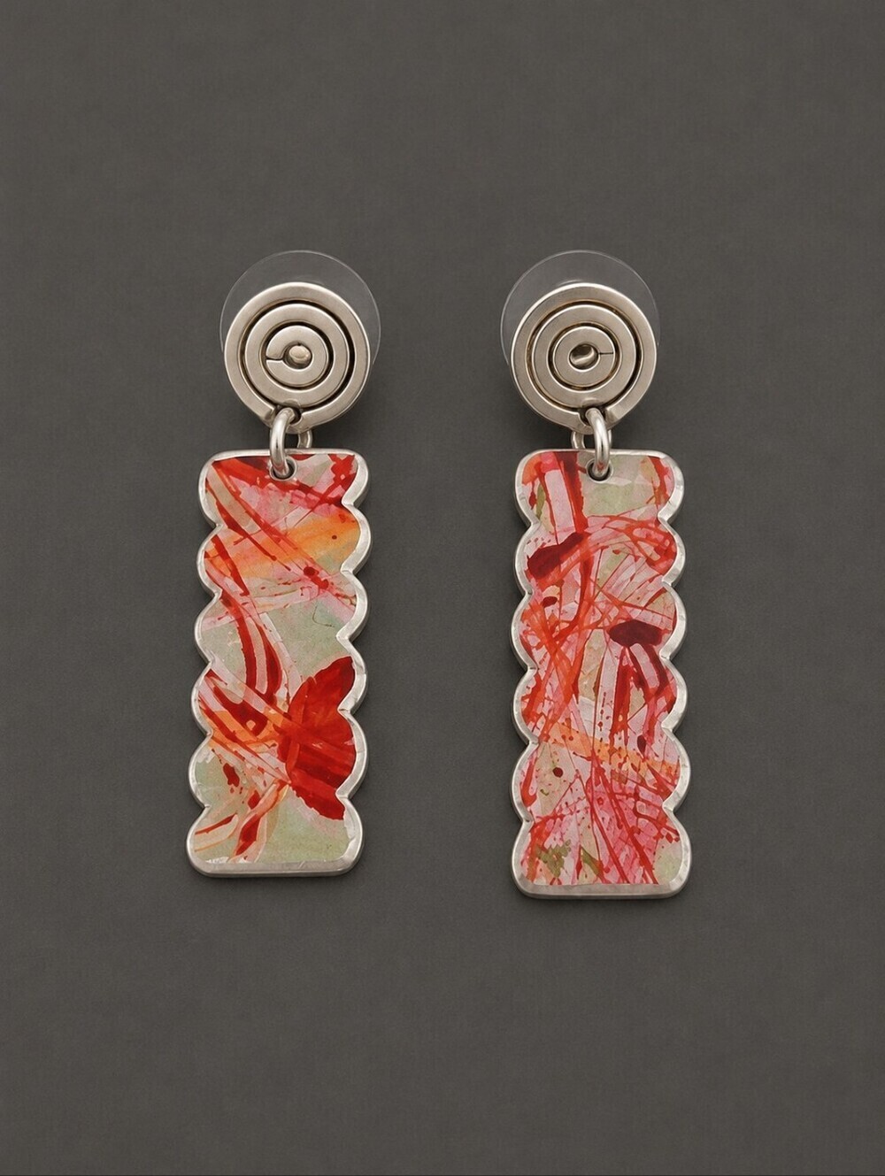 ARTISAN Signed Sabo 1993 Painted Metal Dangle Post Earrings